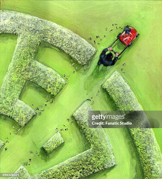illustrazioni stock, clip art, cartoni animati e icone di tendenza di businessman breaking maze by a lawn mower - tagliaerba
