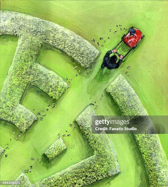 businessman breaking maze by a lawn mower - mower stock illustrations