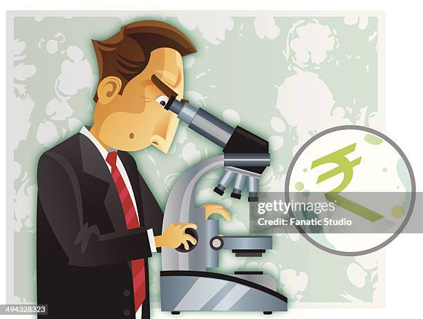 businessman examining rupee symbol through a microscope - microscope slide stock illustrations