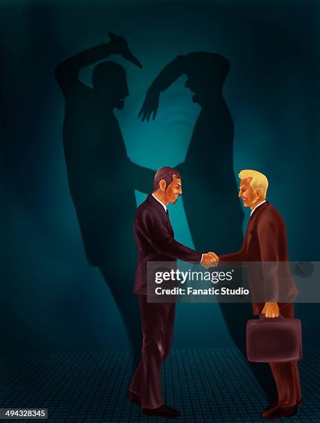 ilustrações, clipart, desenhos animados e ícones de two businessmen shaking hands with behind black shadows showing crime - stabbed in the back