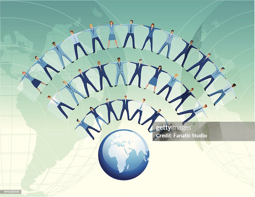 Team of business people forming WIFI symbol wave