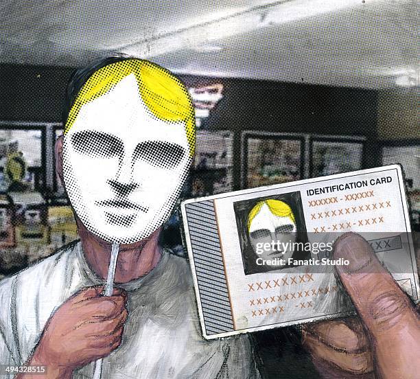 illustrazioni stock, clip art, cartoni animati e icone di tendenza di man showing his fake identity card to security - furto