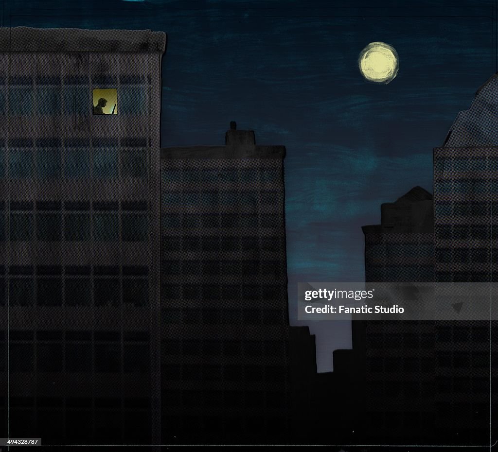 Conceptual illustration of business person working at office with full moon depicting workaholism