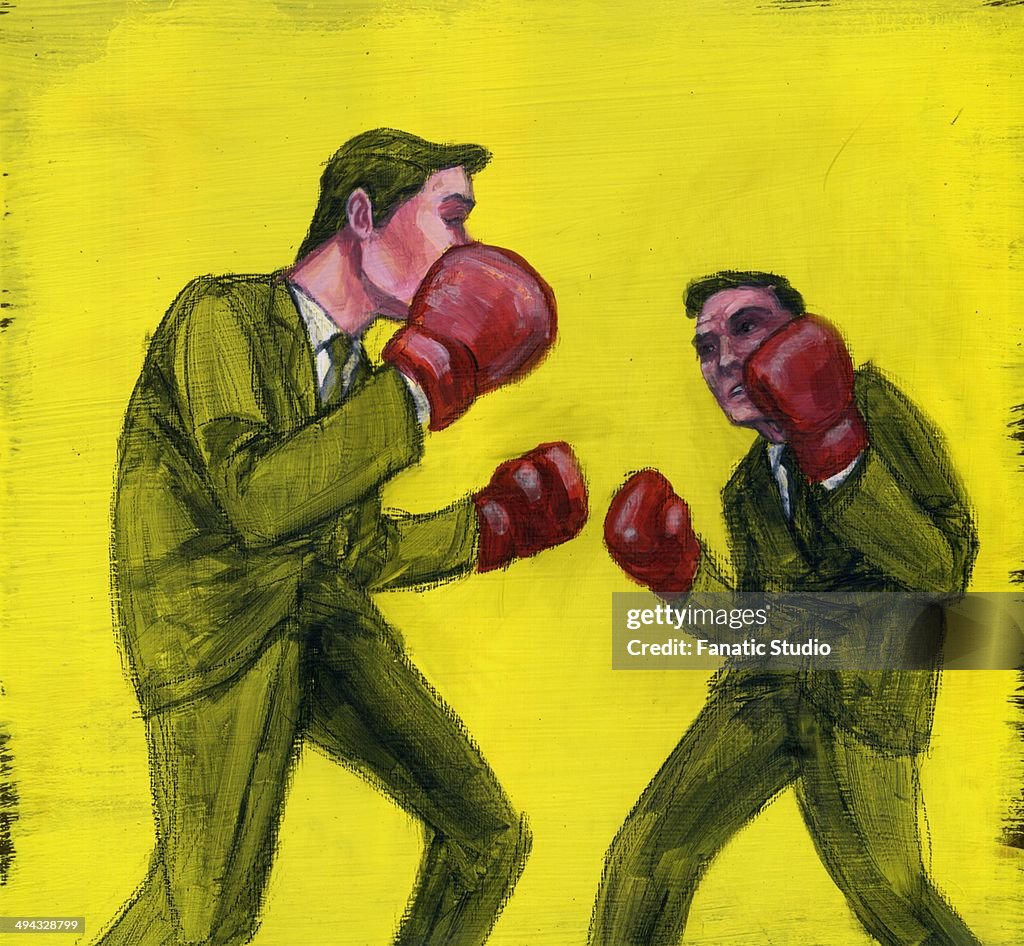 Conceptual image of two businessmen boxing over yellow background