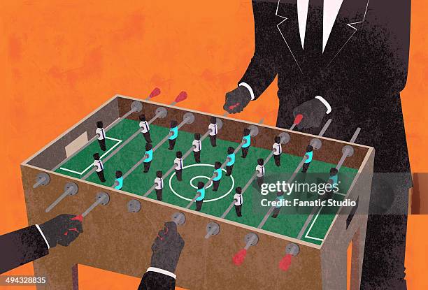 illustrative image of two businessmen playing foosball during lunch break - table football stock illustrations