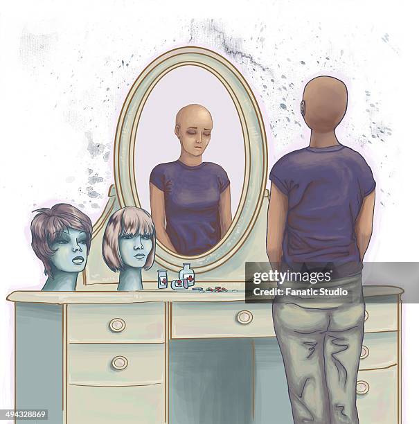 illustrative image of dejected cancer woman standing in front of dressing table - low self esteem stock illustrations