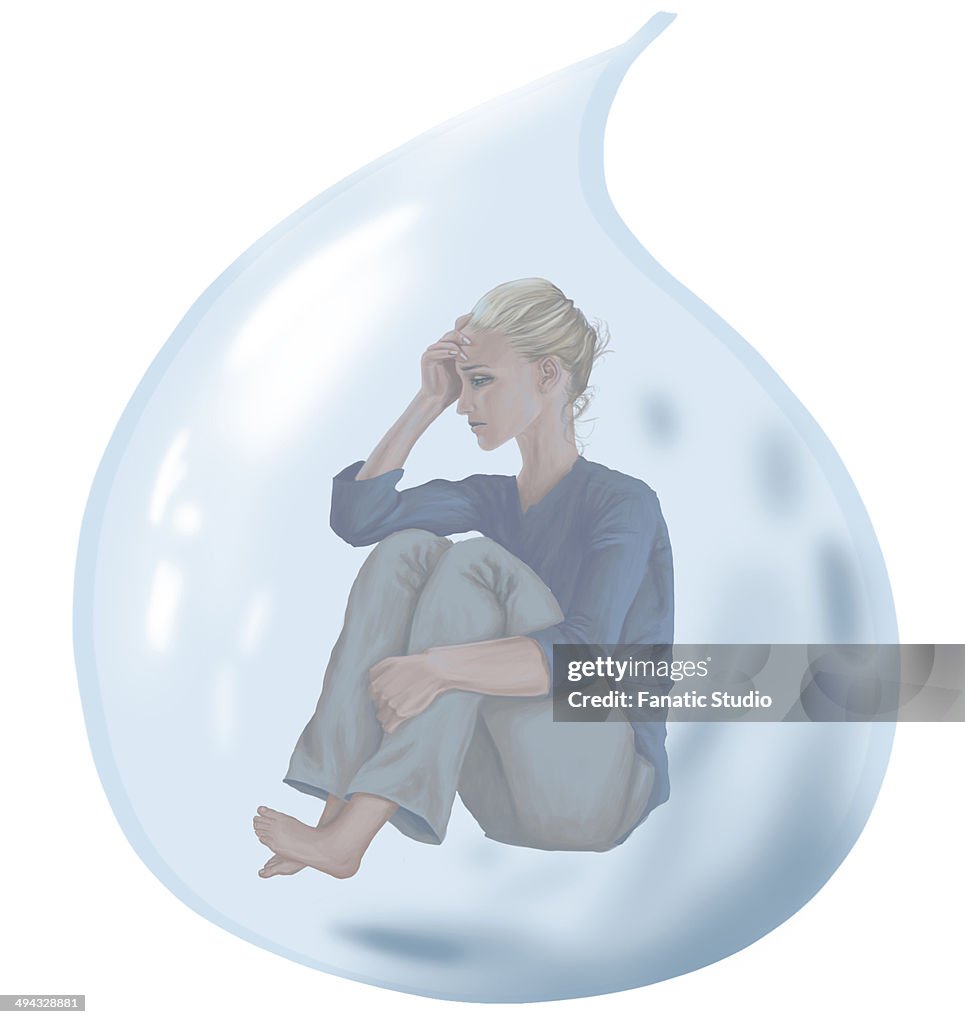 Conceptual illustration of tensed woman in tear depicting loneliness