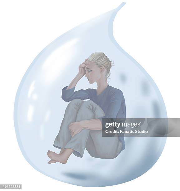 conceptual illustration of tensed woman in tear depicting loneliness - vulnerability stock illustrations