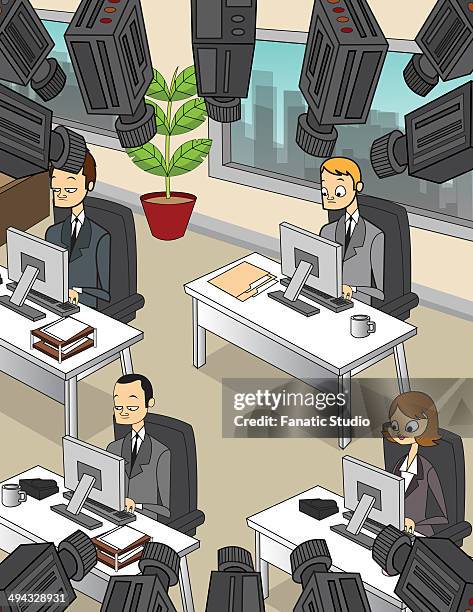 ilustrações de stock, clip art, desenhos animados e ícones de conceptual illustration of business people working with security cameras depicting surveillance of employees - big brother