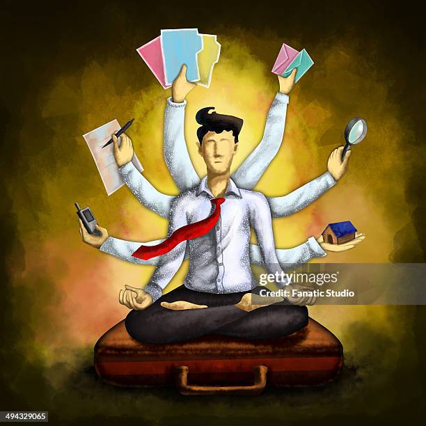 ilustraciones, imágenes clip art, dibujos animados e iconos de stock de businessman meditating while sitting in lotus position on briefcase with multiple hands holding various things over colored background depicting multi-tasking - malabarismo