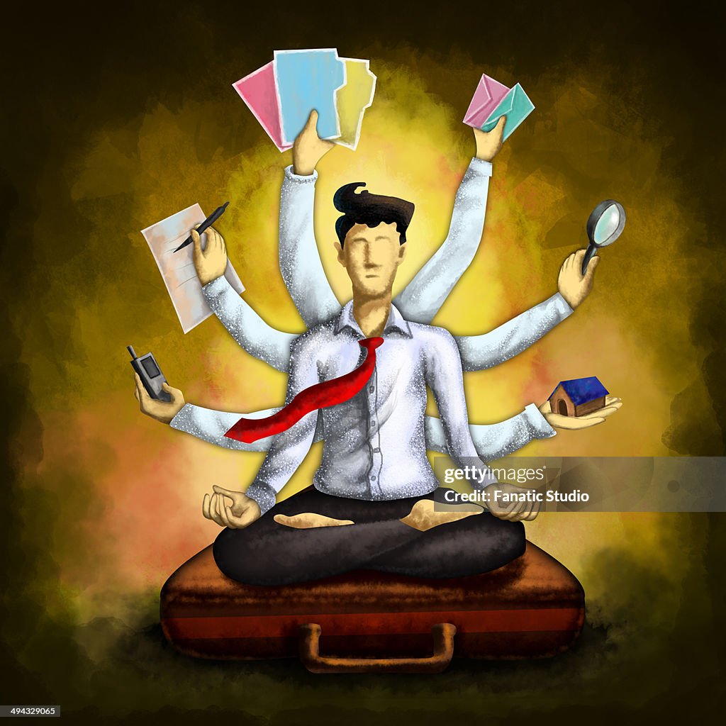 Businessman meditating while sitting in lotus position on briefcase with multiple hands holding various things over colored background depicting multi-tasking