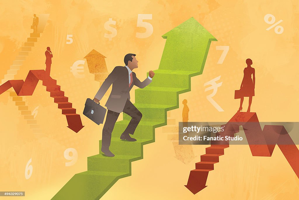 Business men and woman moving on steps with currency symbols depicting business progress