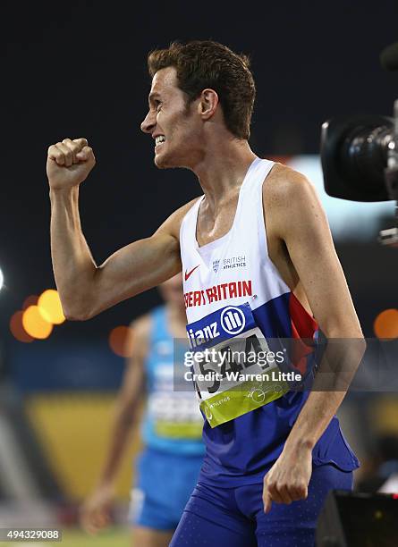 Paul Blake of Great Britain celebrates winning the men's 800m T36 final during the Evening Session on Day Five of the IPC Athletics World...