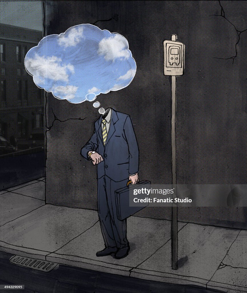 Depressed businessman standing at bus stand with thought bubble