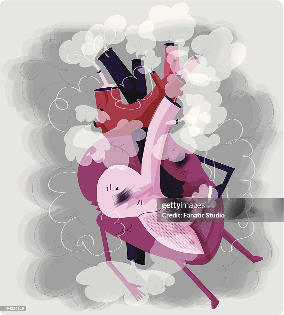 Human heart smoking cigarette depicting addiction