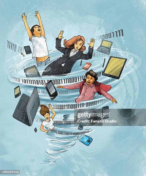 stockillustraties, clipart, cartoons en iconen met people with laptop and mobile phones trapped in twister depicting internet addiction - addiction mobile and laptop