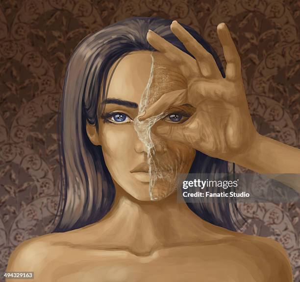 portrait of a woman with hand peeling off the mask depicting concept of aging process - shed stock illustrations