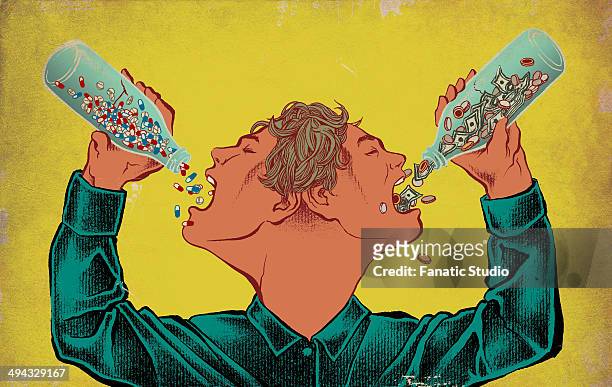 ilustrações, clipart, desenhos animados e ícones de person consuming overdose of medicines depicting concept of health expense - hypochondria