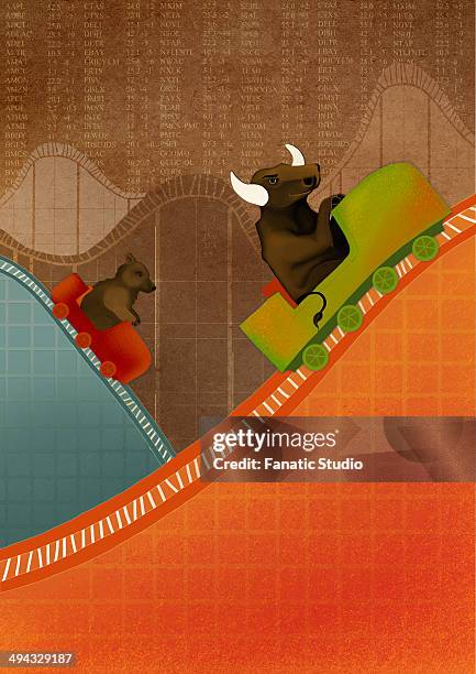 bull and bear riding on roller coaster depicting the concept of ups and downs of stock market - bear market stock illustrations