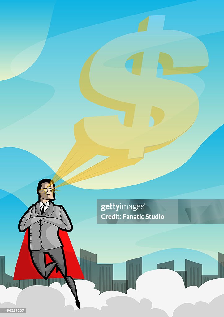 A businessman flying with vision of dollar sign depicting superman