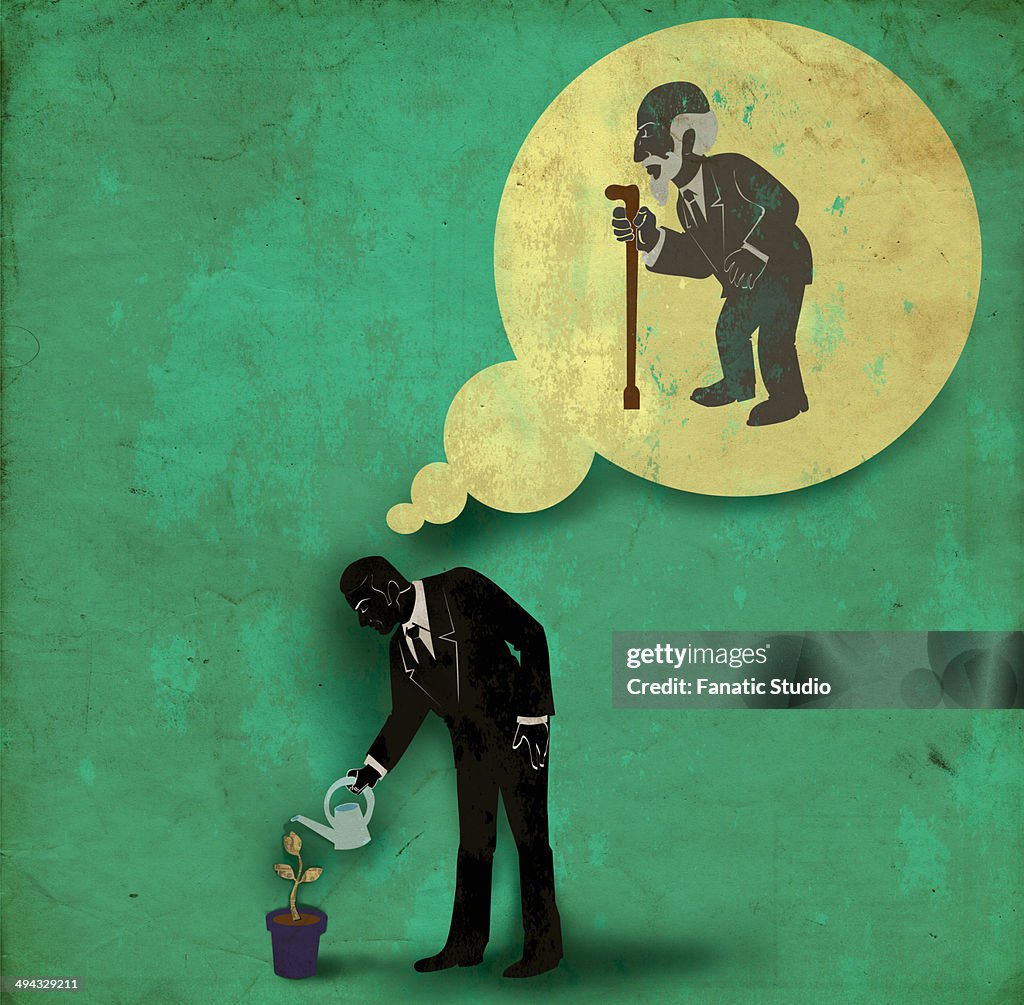 Businessman watering plant with thought bubble of an old man depicting savings for retirement