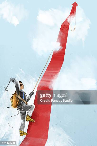 man climbing red arrow in clouds depicting the concept of aspiration - bergauf stock-grafiken, -clipart, -cartoons und -symbole