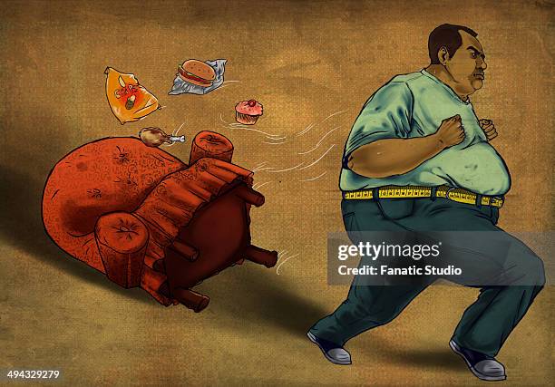 obese man running with foodstuff and easy chair over colored background depicting the concept of weight loss - running man side view background stock illustrations