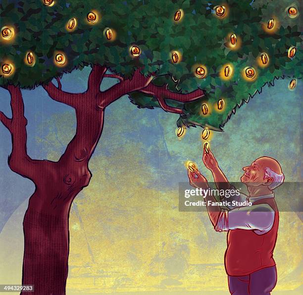 illustrazioni stock, clip art, cartoni animati e icone di tendenza di illustrative concept of elderly man looking at coins growing on money tree representing retirement fund - mature adult