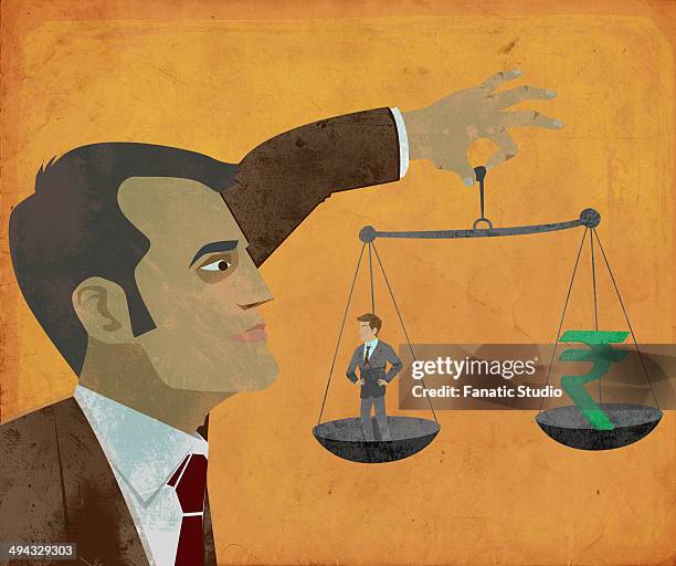 illustrative image of manager measuring individual's performance in accordance to rupee sign representing employee retention process - mitarbeiterbindung stock-grafiken, -clipart, -cartoons und -symbole