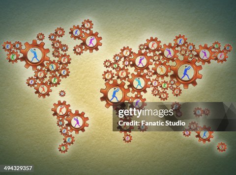 Illustrative image of people in gears representing world mechanism Illustrative image of people in gears representing world mechanism