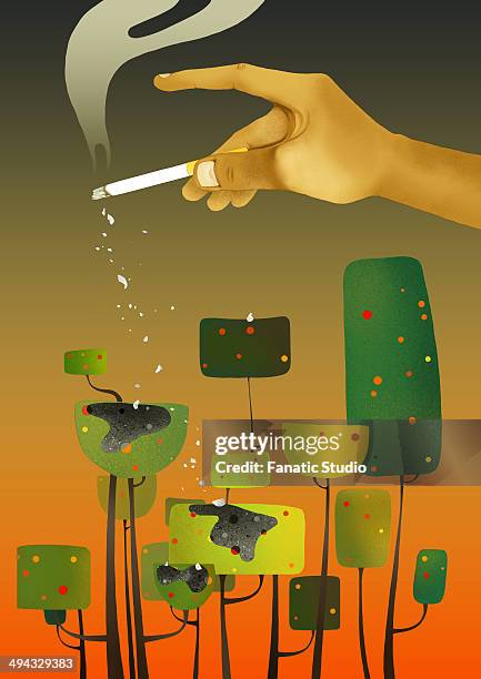 ilustrações de stock, clip art, desenhos animados e ícones de illustrative concept of man's hand flicking the cigarette on trees representing environmental damage - beata de cigarro