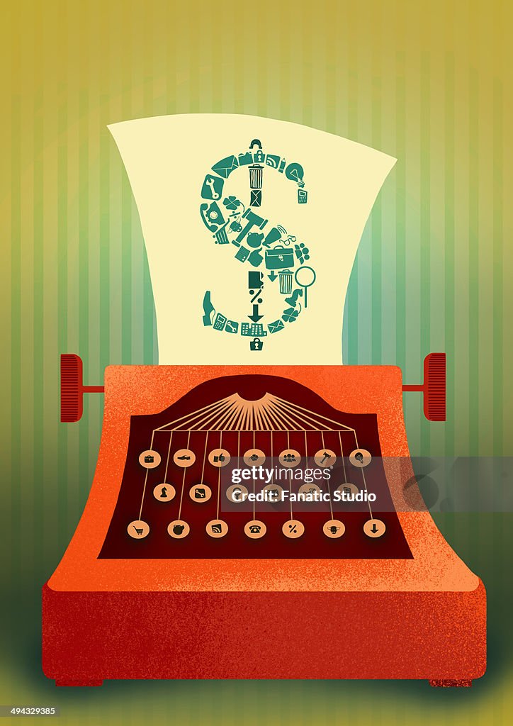 Illustrative image of typewriter with business sign keys printing out dollar sign on a paper