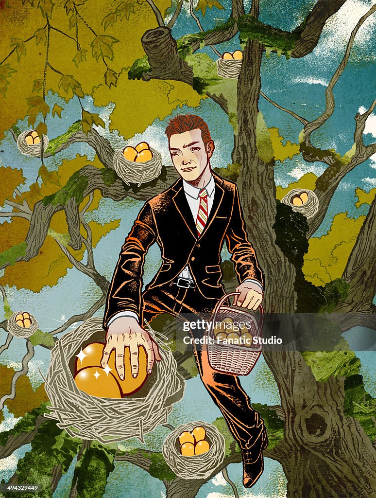 Illustrative concept of man collecting fruits from tree representing business profit