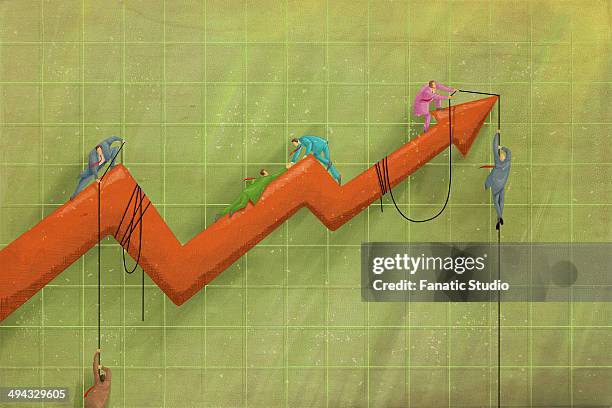 illustrative image of business people on arrow assisting coworkers representing business growth - needs improvement stock illustrations