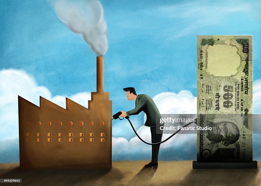 Illustrative image of businessman refueling factory with money representing investment