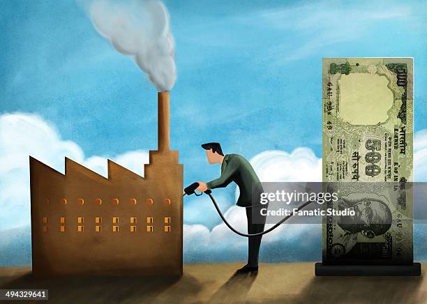 Illustrative Image Of Businessman Refueling Factory With Money Representing Investment High-Res Vector Graphic