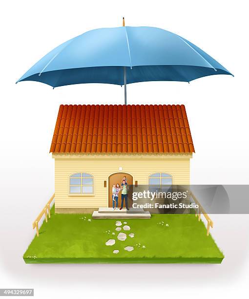 illustrative image of an umbrella above house representing home insurance - over protective parent stock illustrations
