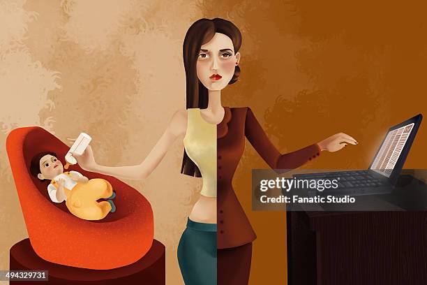 illustrazioni stock, clip art, cartoni animati e icone di tendenza di illustrative image of professional woman feeding her baby while using laptop - mother