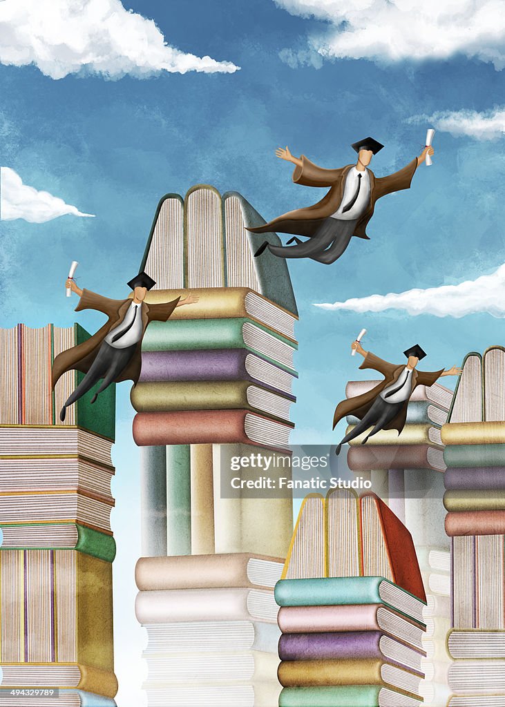 Illustrative image of stacked books and flying students representing graduation day