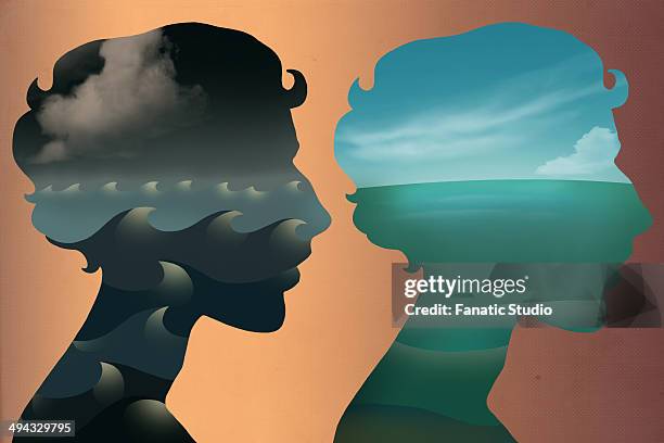 illustrative image of comparison between two state of minds against color background - menopause stock illustrations