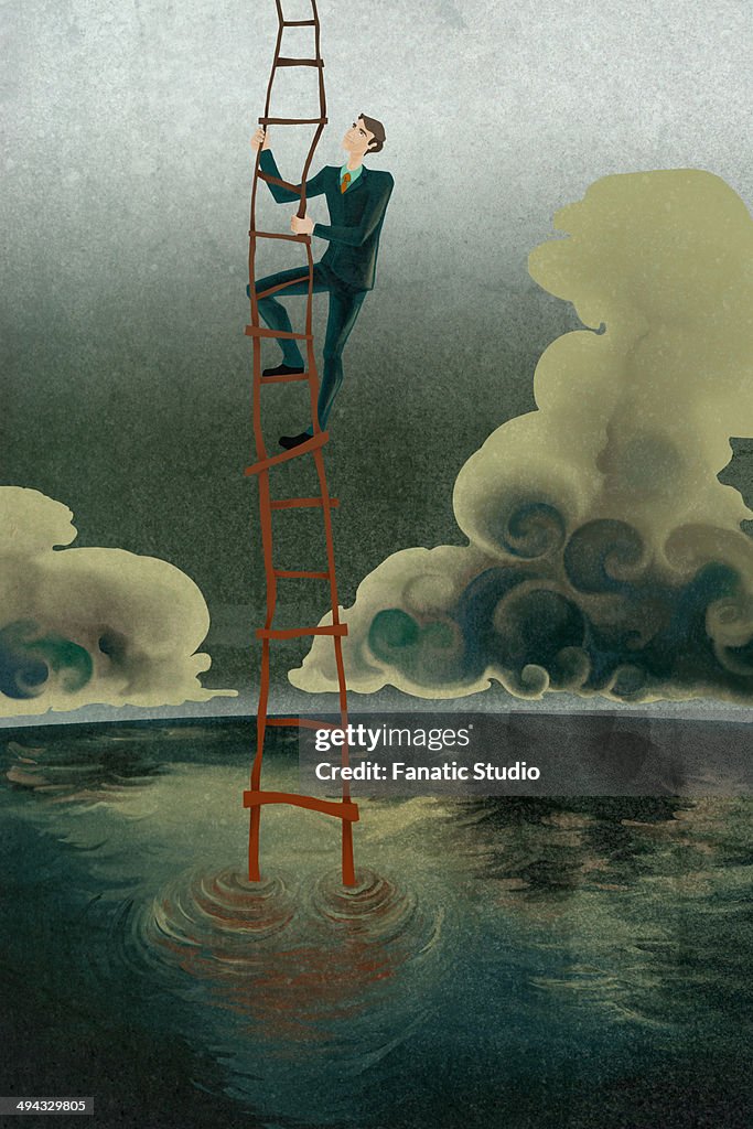 Illustrative image of businessman climbing ladder of success represents rebuilding loss