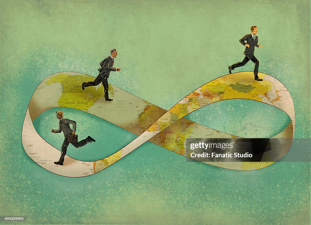 Illustrative image of businessmen running on infinity symbol