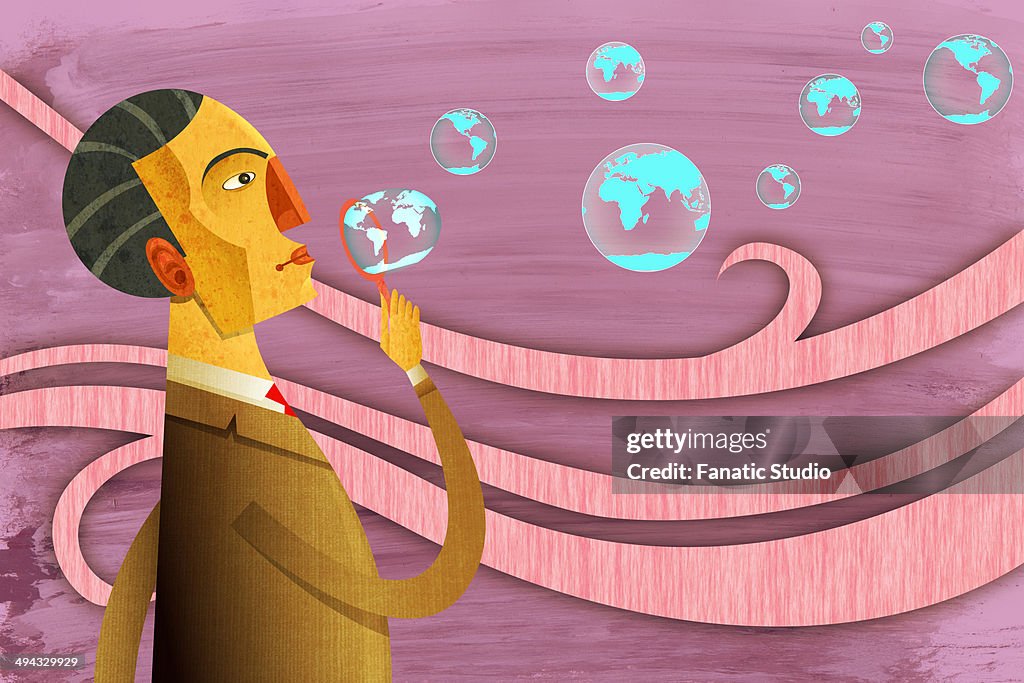 Illustrative image of businessman blowing bubbles representing global aim