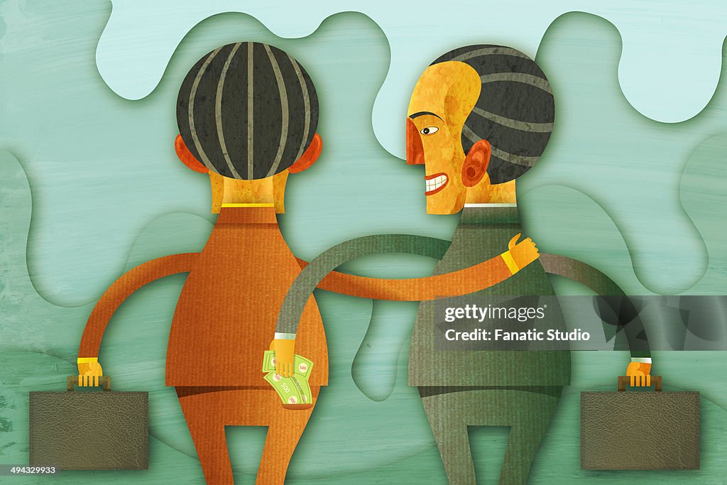 Illustrative image of businessman removing money from friend's pocket representing fraud