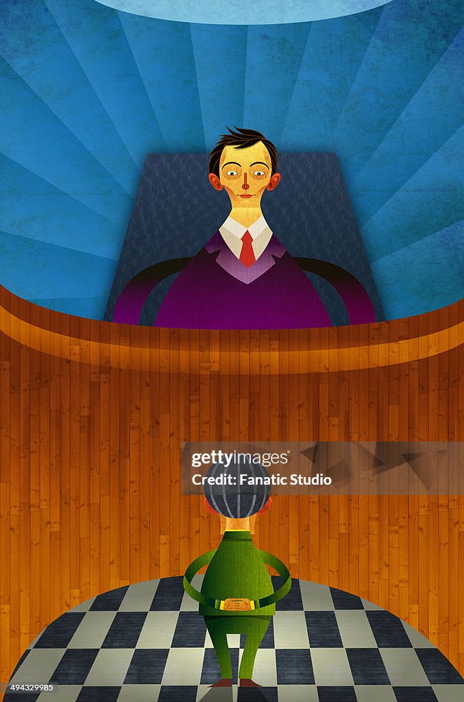 Illustrative image of judge looking at man representing accusation