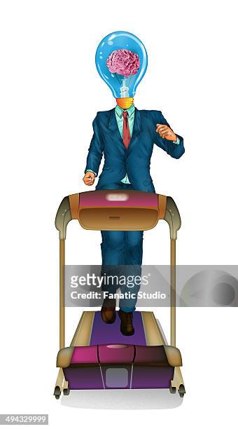 stockillustraties, clipart, cartoons en iconen met illustrative image of businessman with light bulb head running on treadmill over white background - exercise machine