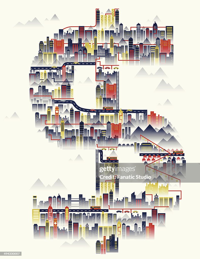 Illustrative image of buildings in dollar sign representing America