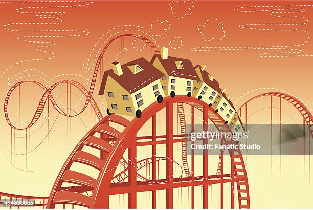 stockillustraties, clipart, cartoons en iconen met illustrative image of houses on rollercoaster representing real estate ups and downs - ignoring