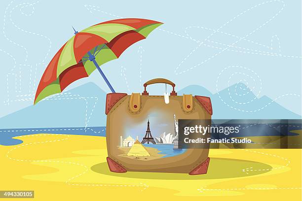 stockillustraties, clipart, cartoons en iconen met illustrative image of luggage and umbrella representing insured world tour - sydney opera house