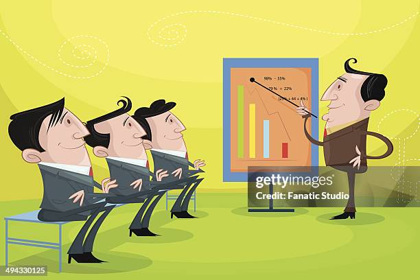 illustrative image of manager explaining graph to employees representing market study - man explaining to camera stock illustrations